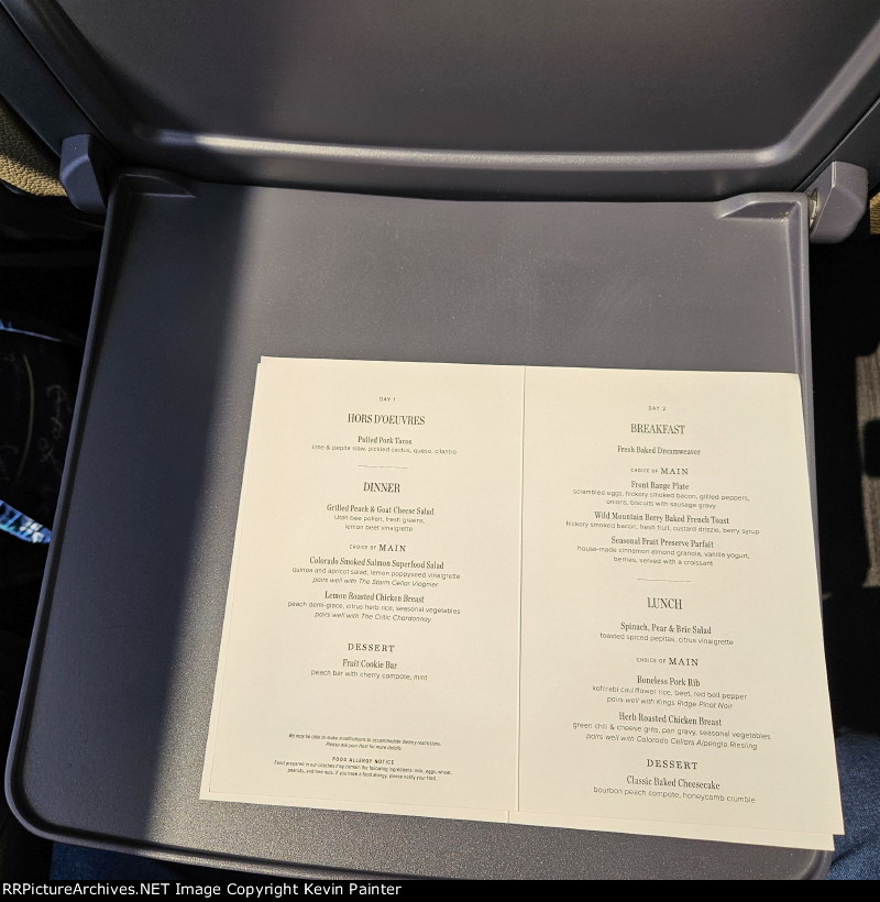 Rocky Mountaineer menu (one day)